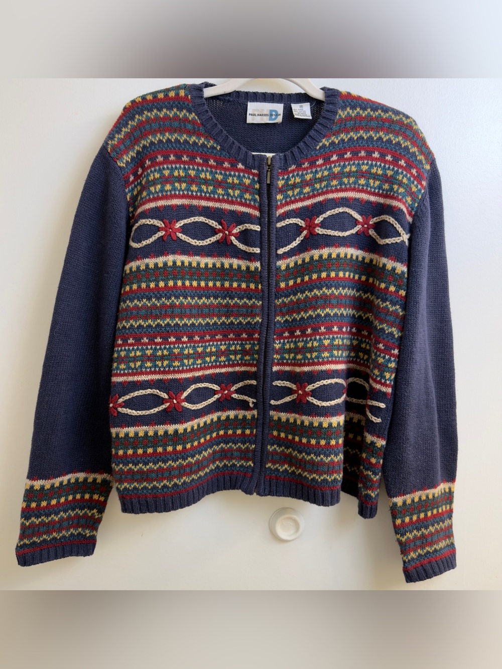 Vtg 90s Paul Harris Design Navy Fair Isle Zip-Front Crewneck Cardigan Sweater